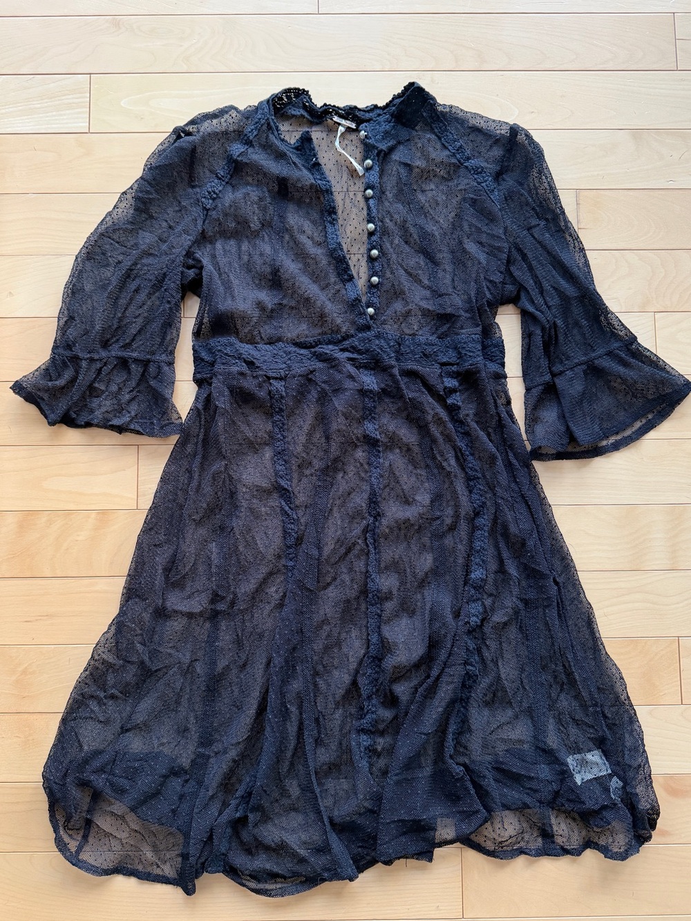 Free people Puff Sleeve Mesh Dotted Lace Trim Button Up See through Mini Dress